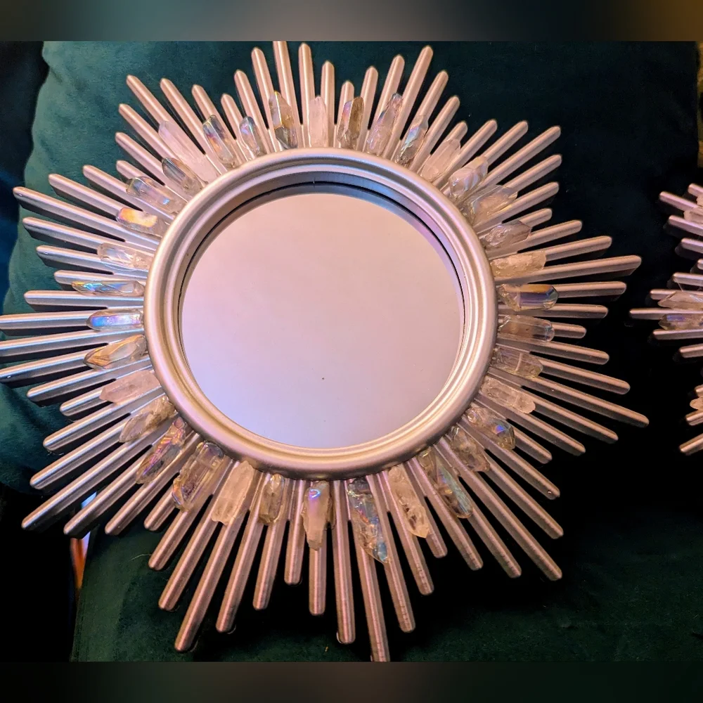 Set of three wall hanging mirrors with genuine aura angel quartz crystals